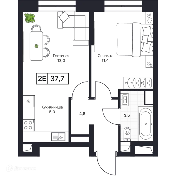 Планировка 2 комн. в ЖК Пушкино Град