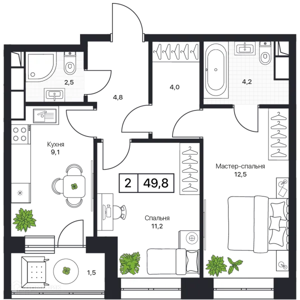 Планировка 2 комн. в ЖК Пушкино Град