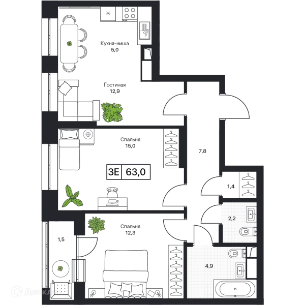 Планировка 3 комн. в ЖК Пушкино Град