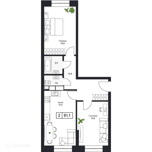 Планировка 2 комн. в ЖК Пушкино Град