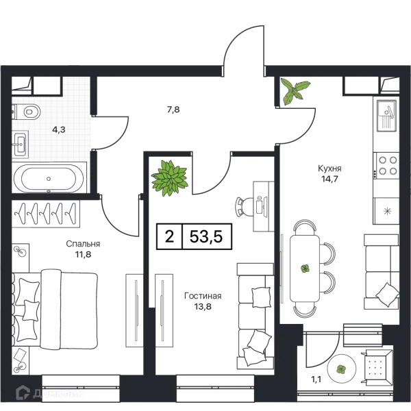 Планировка 2 комн. в ЖК Пушкино Град