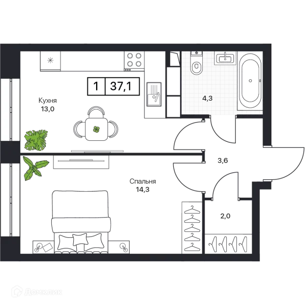 Планировка 1 комн. в ЖК Пушкино Град