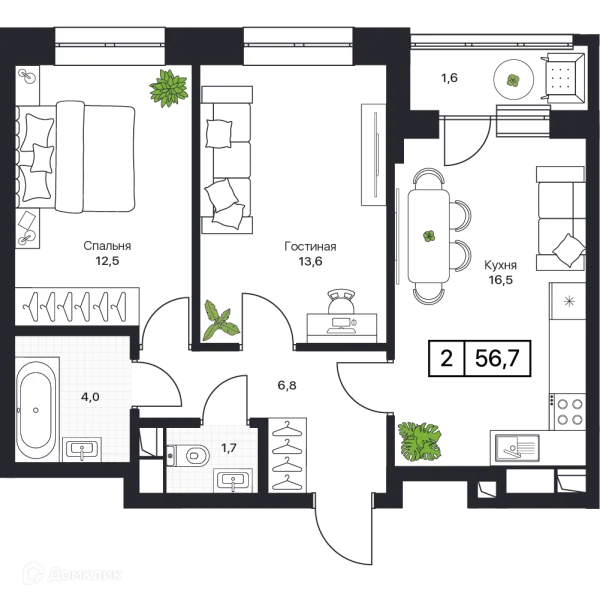 Планировка 2 комн. в ЖК Пушкино Град