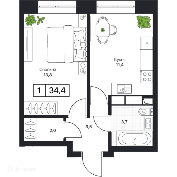 Планировка 1 комн. в ЖК Пушкино Град