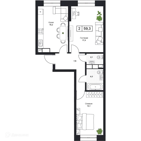 Планировка 2 комн. в ЖК Пушкино Град