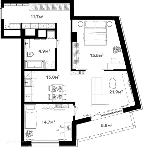 Планировка 3 комн. в ЖК Риверхаус