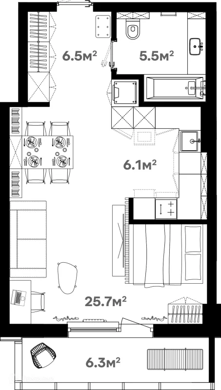 Планировка 1 комн. в ЖК Риверхаус