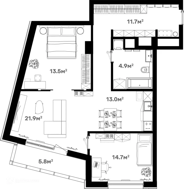 Планировка 3 комн. в ЖК Риверхаус