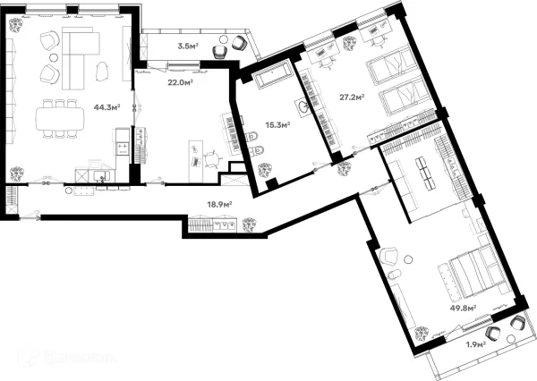 Планировка 4 комн. в ЖК Риверхаус