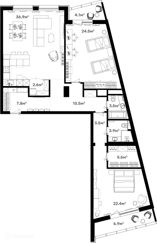 Планировка 3 комн. в ЖК Риверхаус