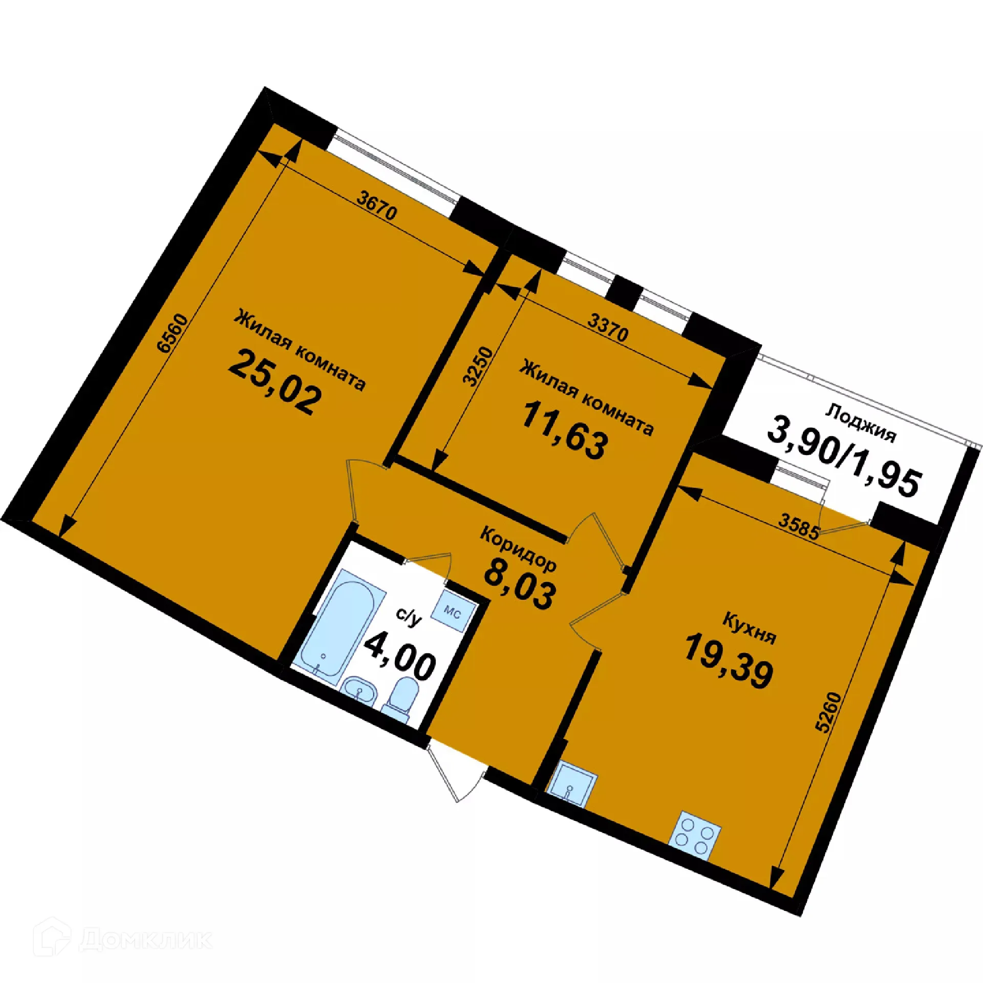 Планировка 2-комнатной квартиры 70.02 м² в ЖК Ватсон, г. Кстово — фото 1