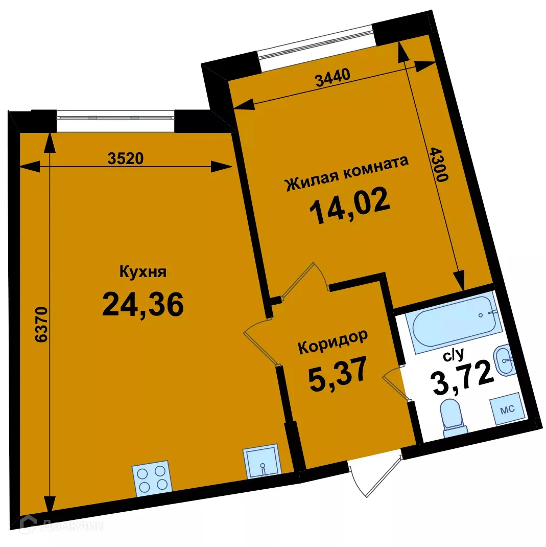 Планировка 1-комнатной квартиры 47.47 м² в ЖК Ватсон, г. Кстово — фото 1