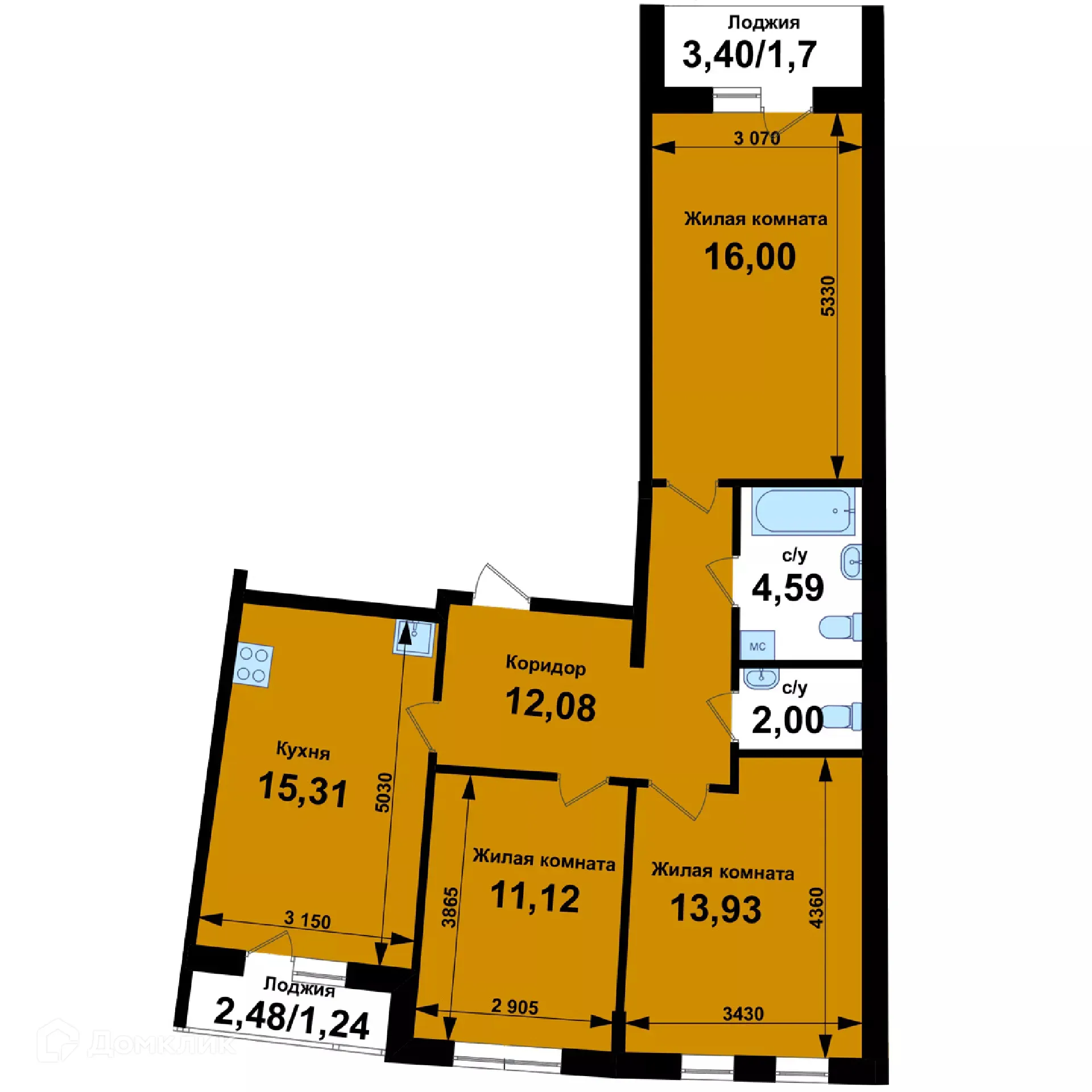 Планировка 3-комнатной квартиры 77.97 м² в ЖК Ватсон, г. Кстово — фото 1