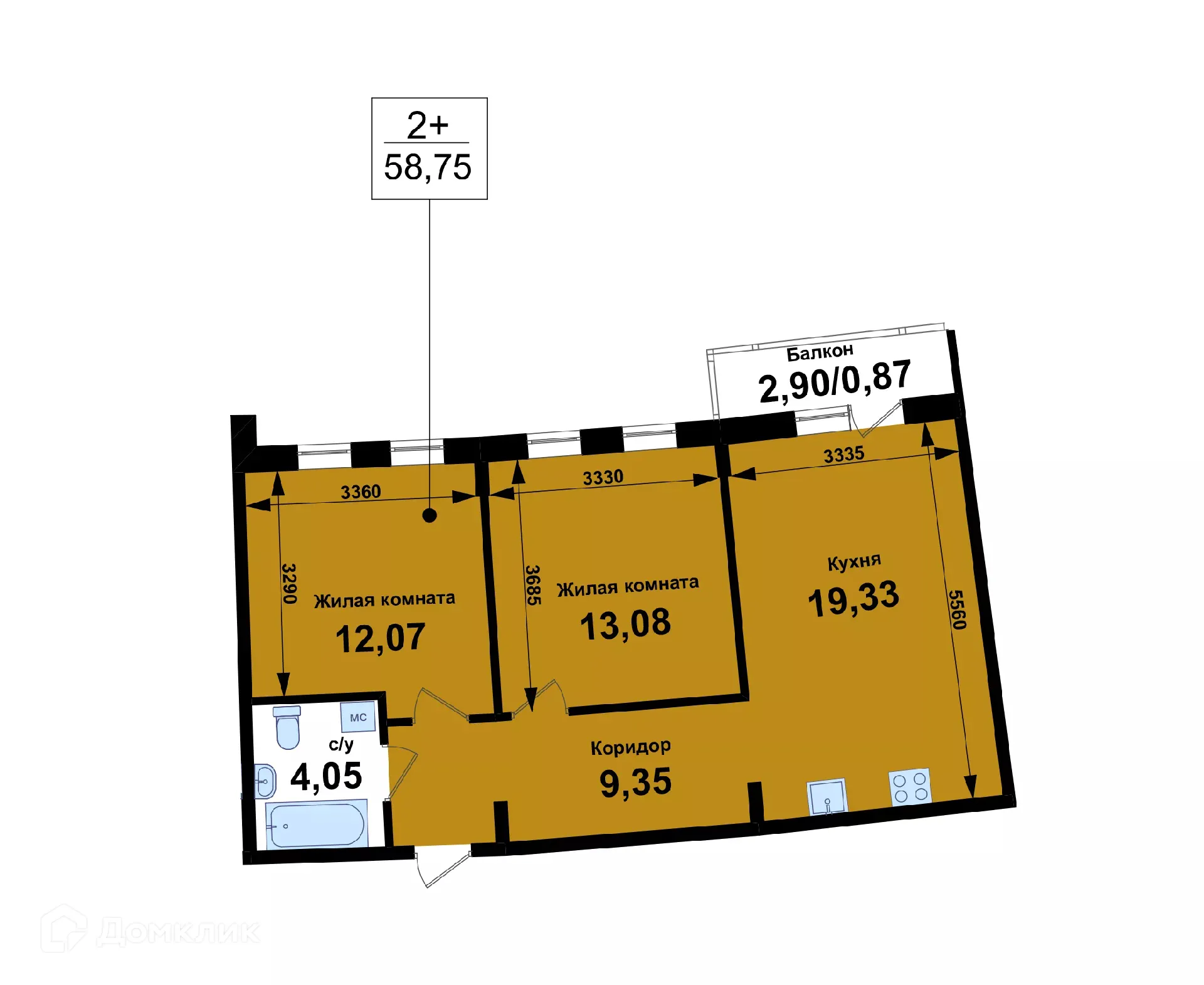 Планировка 2-комнатной квартиры 58.75 м² в ЖК Ватсон, г. Кстово — фото 1