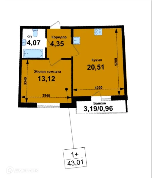 Планировка 1-комнатной квартиры 43.01 м² в ЖК Ватсон, г. Кстово — фото 1