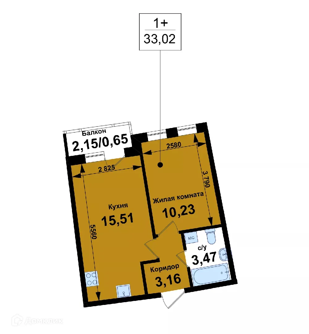 Планировка 1-комнатной квартиры 33.02 м² в ЖК Ватсон, г. Кстово — фото 1