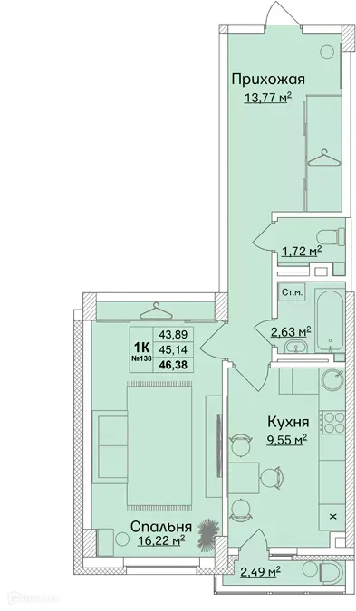 Планировка 1-комнатной квартиры 45.1 м² в ЖК "Город чемпионов. Твой", г. Кстово — фото 1