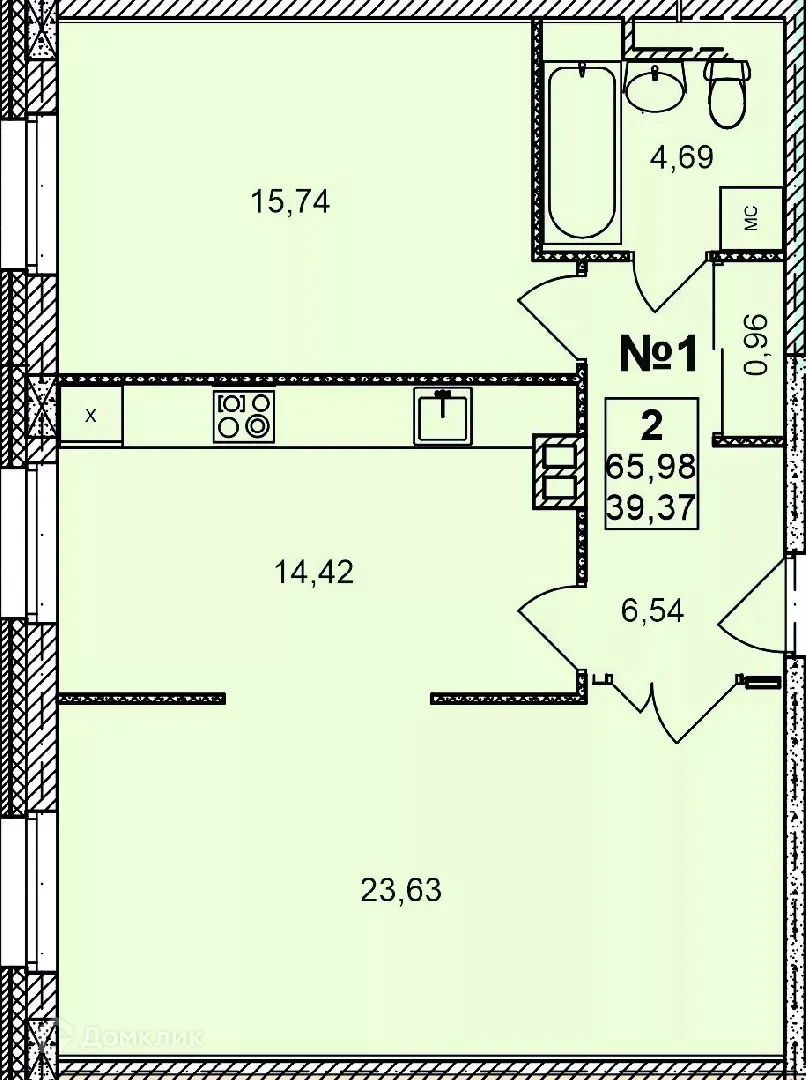 Планировка 2-комнатной квартиры 65.98 м² в ЖК Дворянский, г. Бор — фото 1