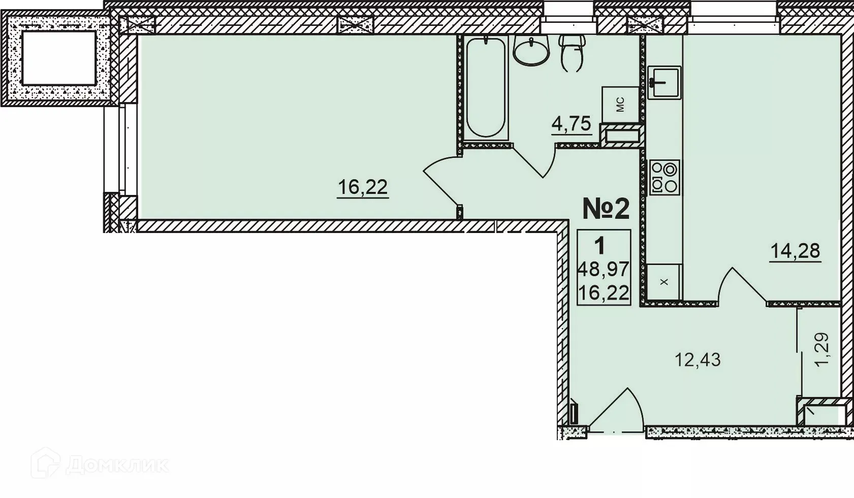 Планировка 1-комнатной квартиры 48.97 м² в ЖК Дворянский, г. Бор — фото 1