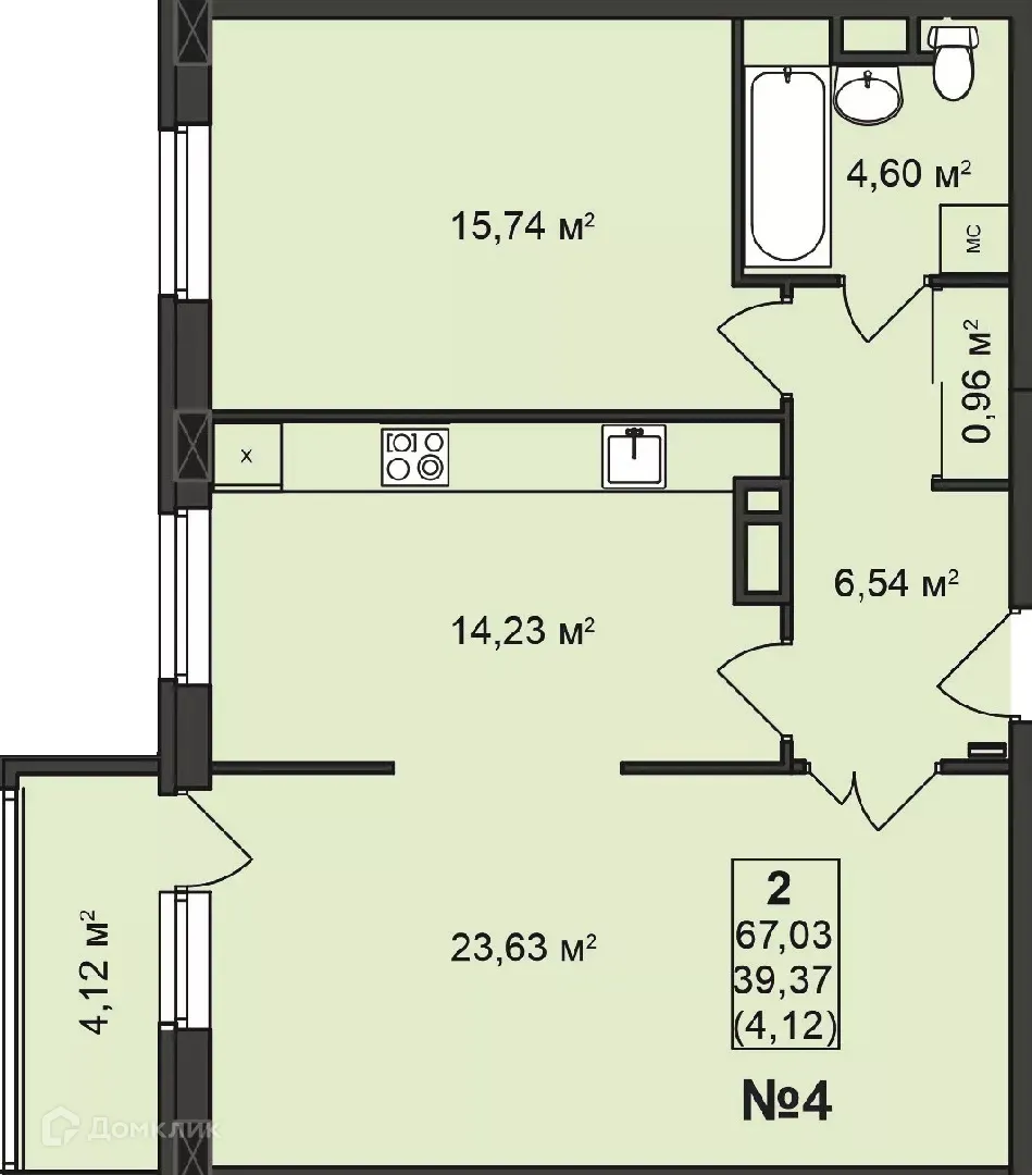 Планировка 2-комнатной квартиры 67.03 м² в ЖК Дворянский, г. Бор — фото 1