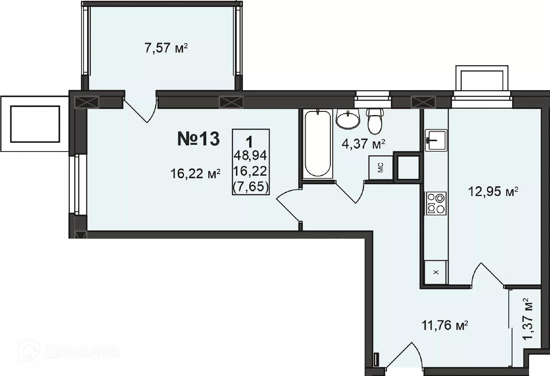 Планировка 1-комнатной квартиры 48.94 м² в ЖК Дворянский, г. Бор — фото 1