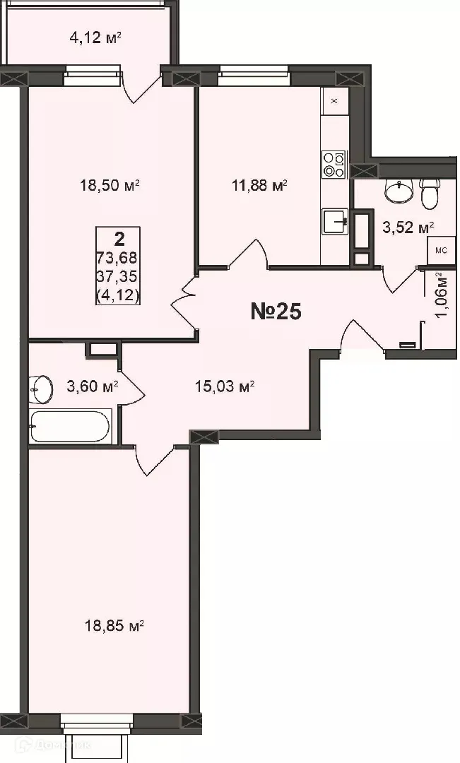 Планировка 2-комнатной квартиры 73.68 м² в ЖК Дворянский, г. Бор — фото 1
