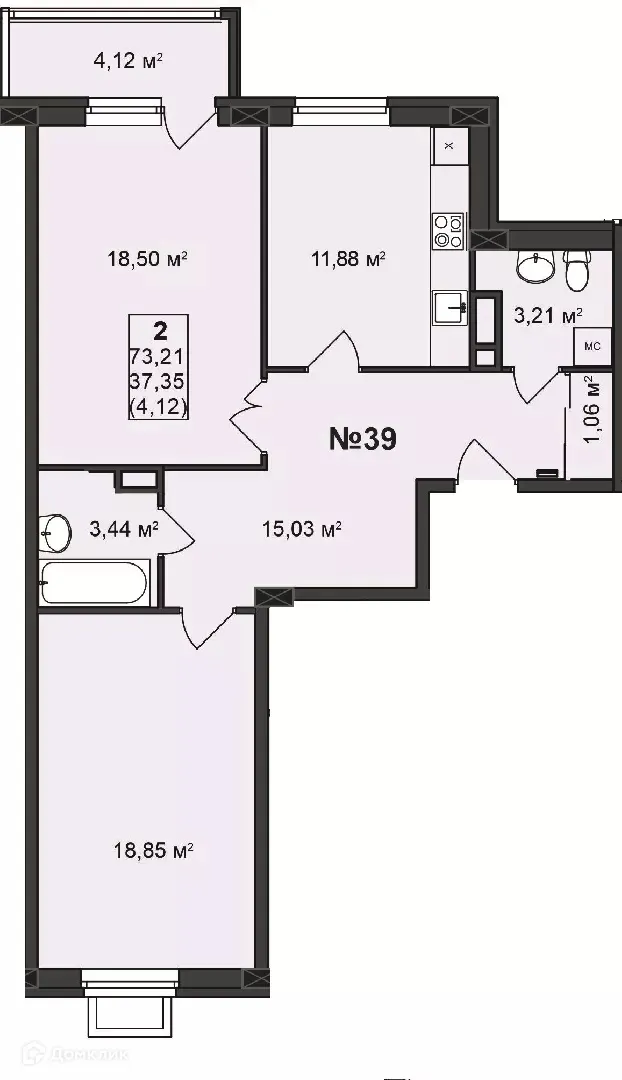 Планировка 2-комнатной квартиры 73.21 м² в ЖК Дворянский, г. Бор — фото 1