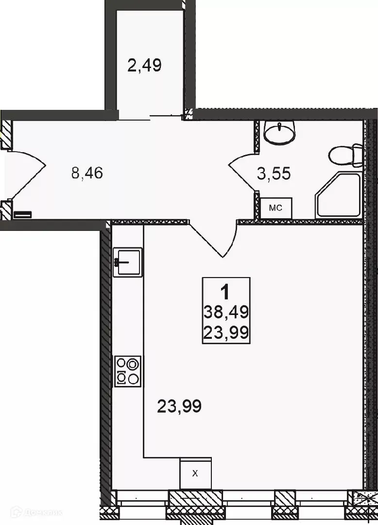 Планировка 1-комнатной квартиры 38.49 м² в ЖК Дворянский, г. Бор — фото 1