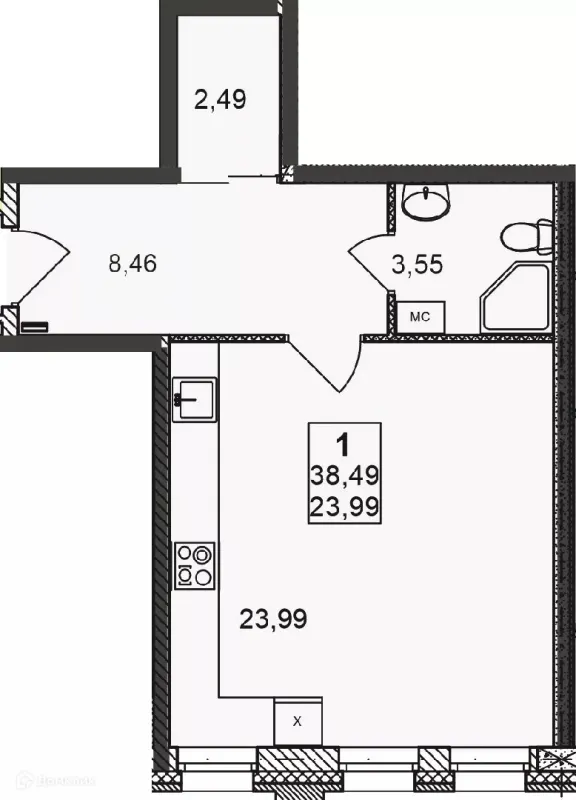 Планировка 1 комн. в ЖК Дворянский