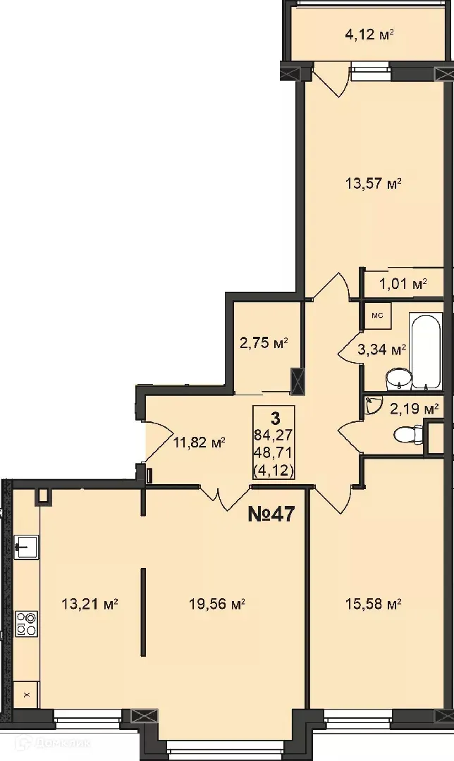 Планировка 3-комнатной квартиры 84.27 м² в ЖК Дворянский, г. Бор — фото 1