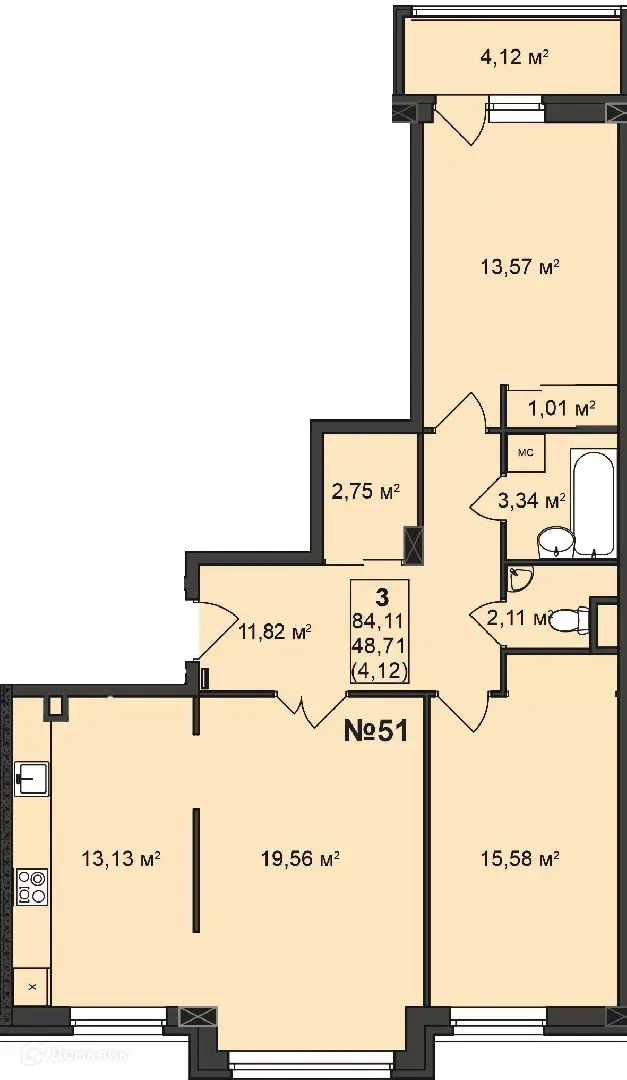 Планировка 3-комнатной квартиры 84.11 м² в ЖК Дворянский, г. Бор — фото 1