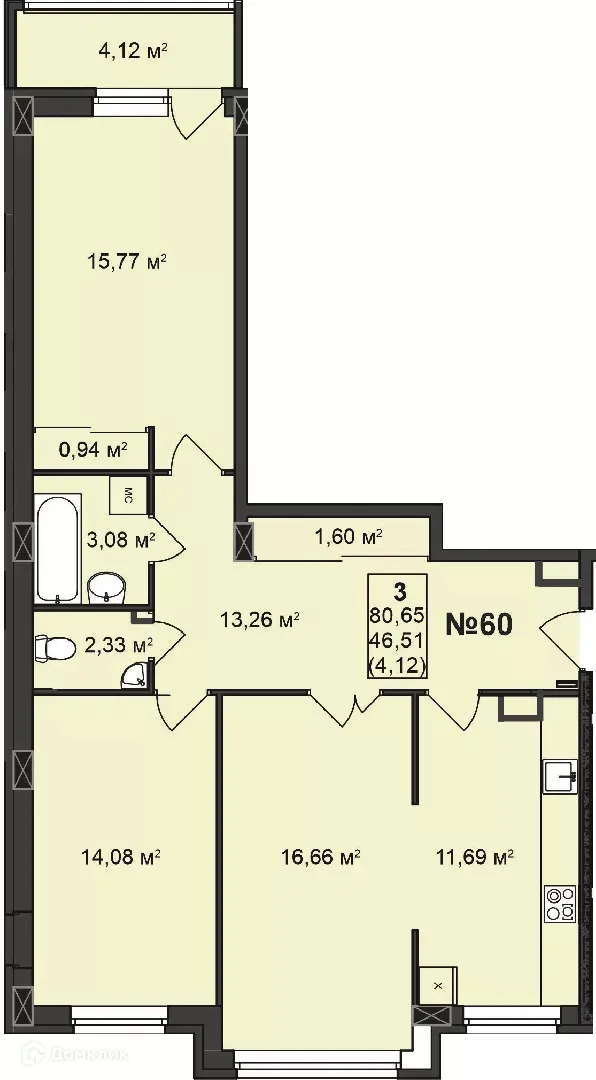 Планировка 3-комнатной квартиры 80.65 м² в ЖК Дворянский, г. Бор — фото 1