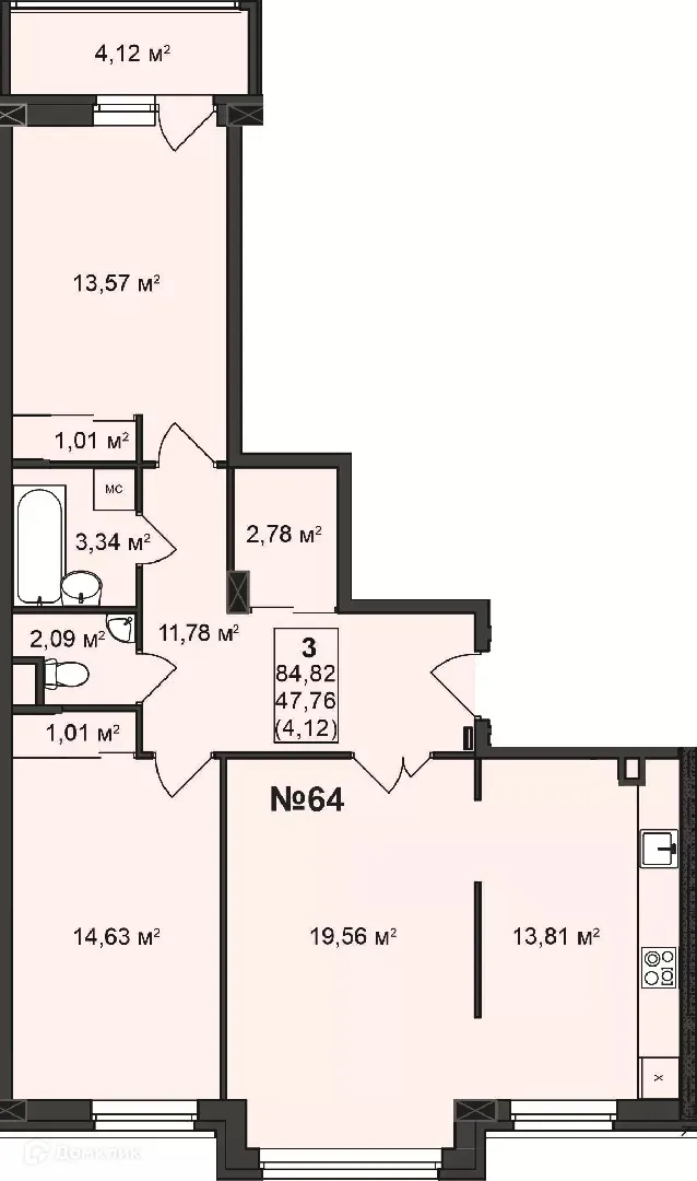 Планировка 3-комнатной квартиры 84.82 м² в ЖК Дворянский, г. Бор — фото 1
