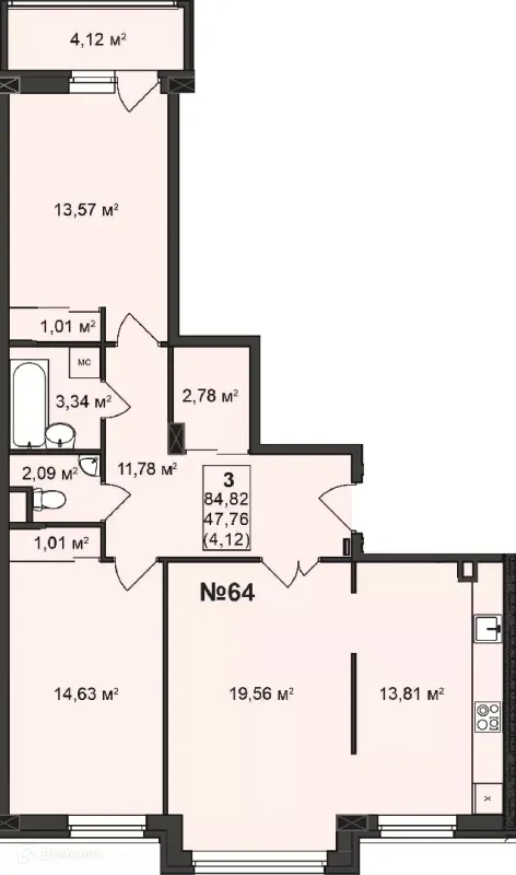 Планировка 3 комн. в ЖК Дворянский
