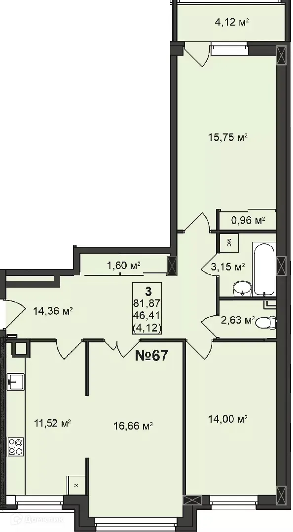 Планировка 3-комнатной квартиры 81.87 м² в ЖК Дворянский, г. Бор — фото 1