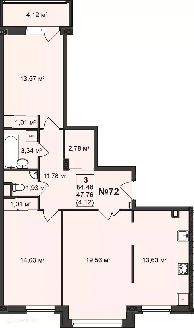 Планировка 3-комнатной квартиры 84.48 м² в ЖК Дворянский, г. Бор — фото 1