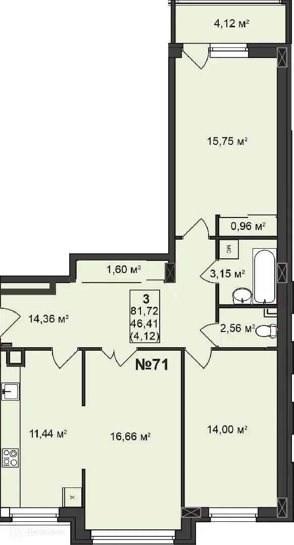Планировка 3-комнатной квартиры 81.72 м² в ЖК Дворянский, г. Бор — фото 1