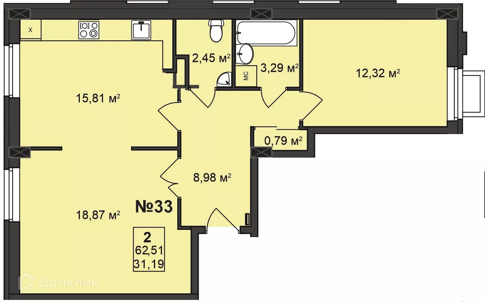 Планировка 2-комнатной квартиры 62.51 м² в ЖК Дворянский, г. Бор — фото 1