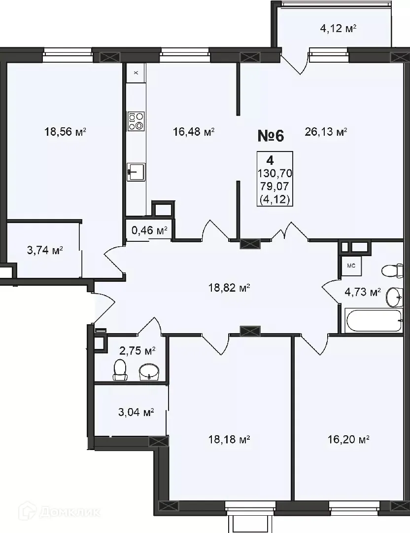 Планировка 4-комнатной квартиры 130.7 м² в ЖК Дворянский, г. Бор — фото 1