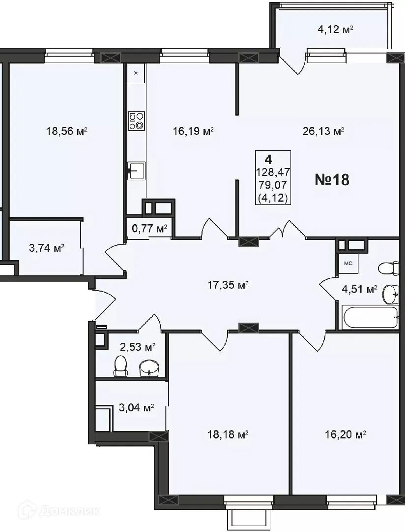 Планировка 4-комнатной квартиры 128.47 м² в ЖК Дворянский, г. Бор — фото 1