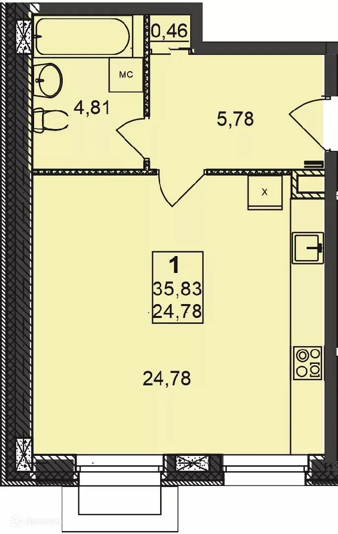 Планировка 1-комнатной квартиры 35.83 м² в ЖК Дворянский, г. Бор — фото 1