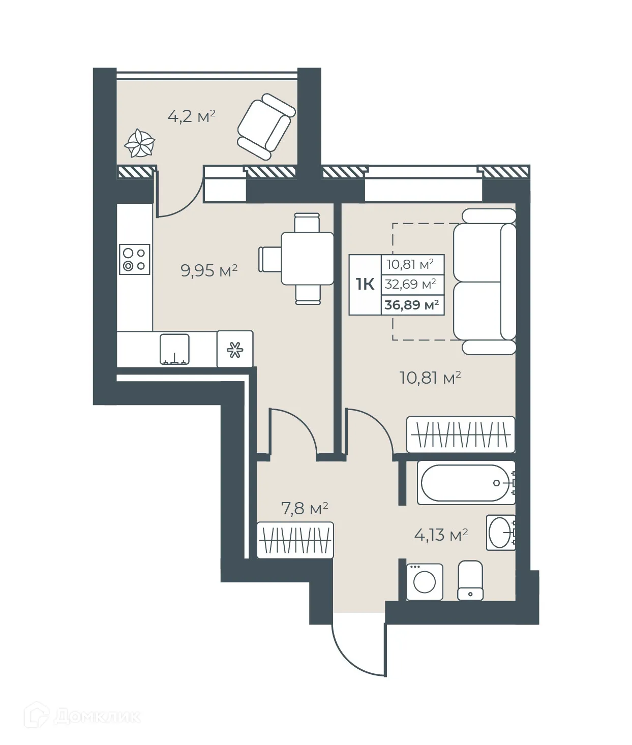 Планировка 1-комнатной квартиры 36.89 м² в ЖК Ботаника Парк, г. Выкса — фото 1