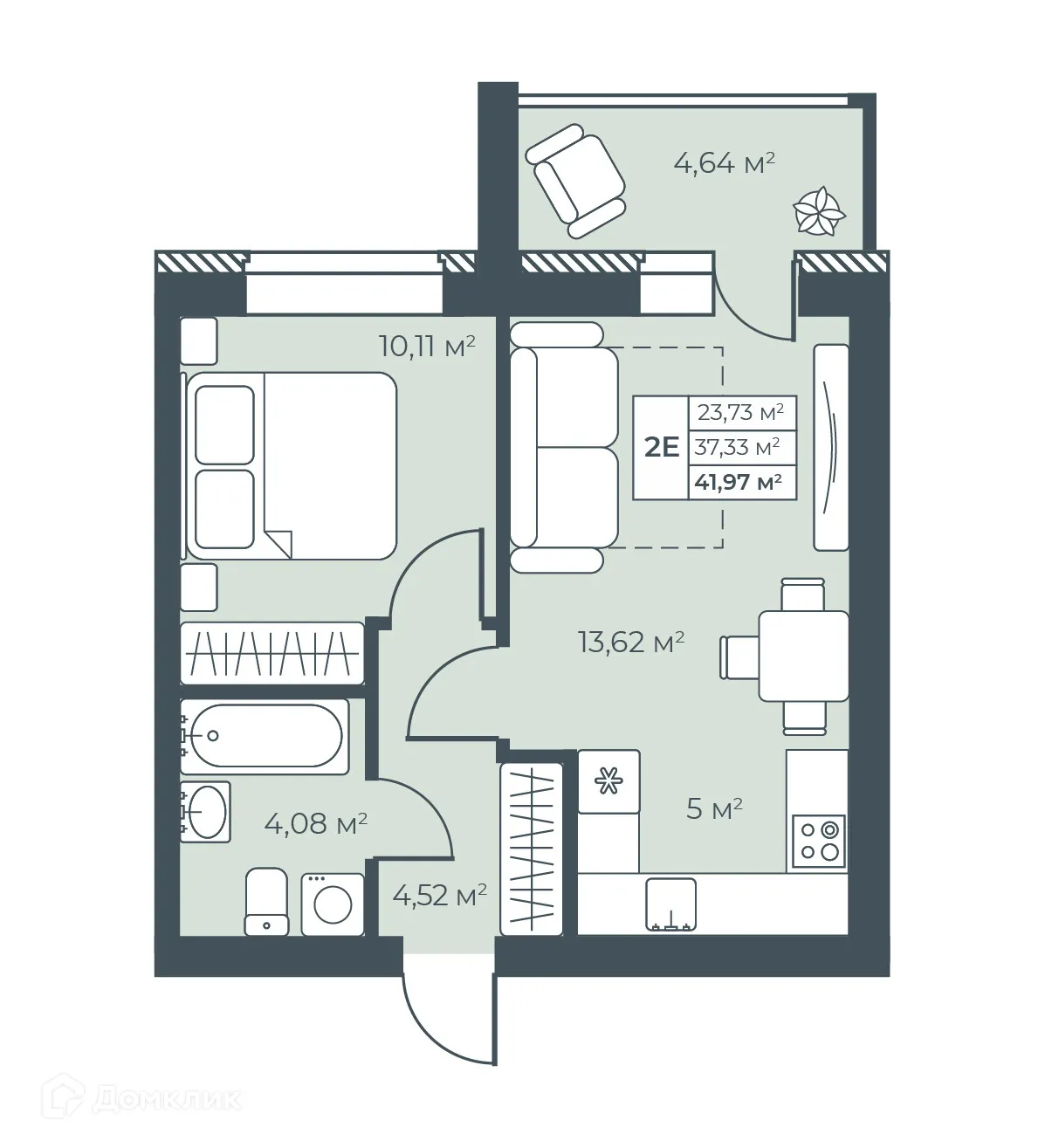 Планировка 2-комнатной квартиры 41.97 м² в ЖК Ботаника Парк, г. Выкса — фото 1