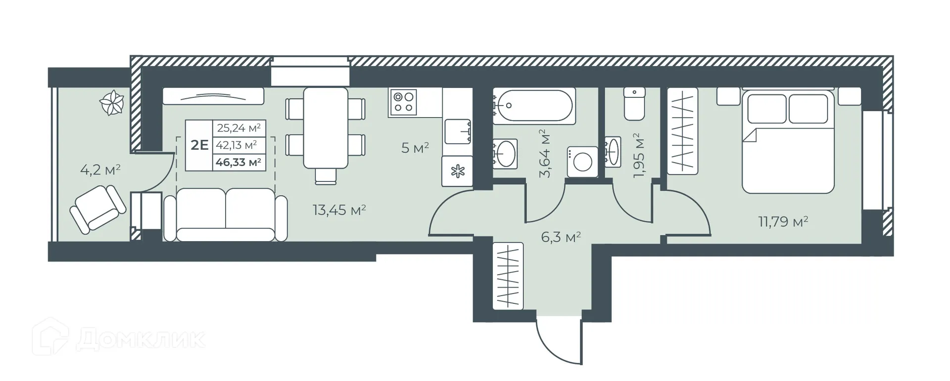 Планировка 2-комнатной квартиры 46.33 м² в ЖК Ботаника Парк, г. Выкса — фото 1