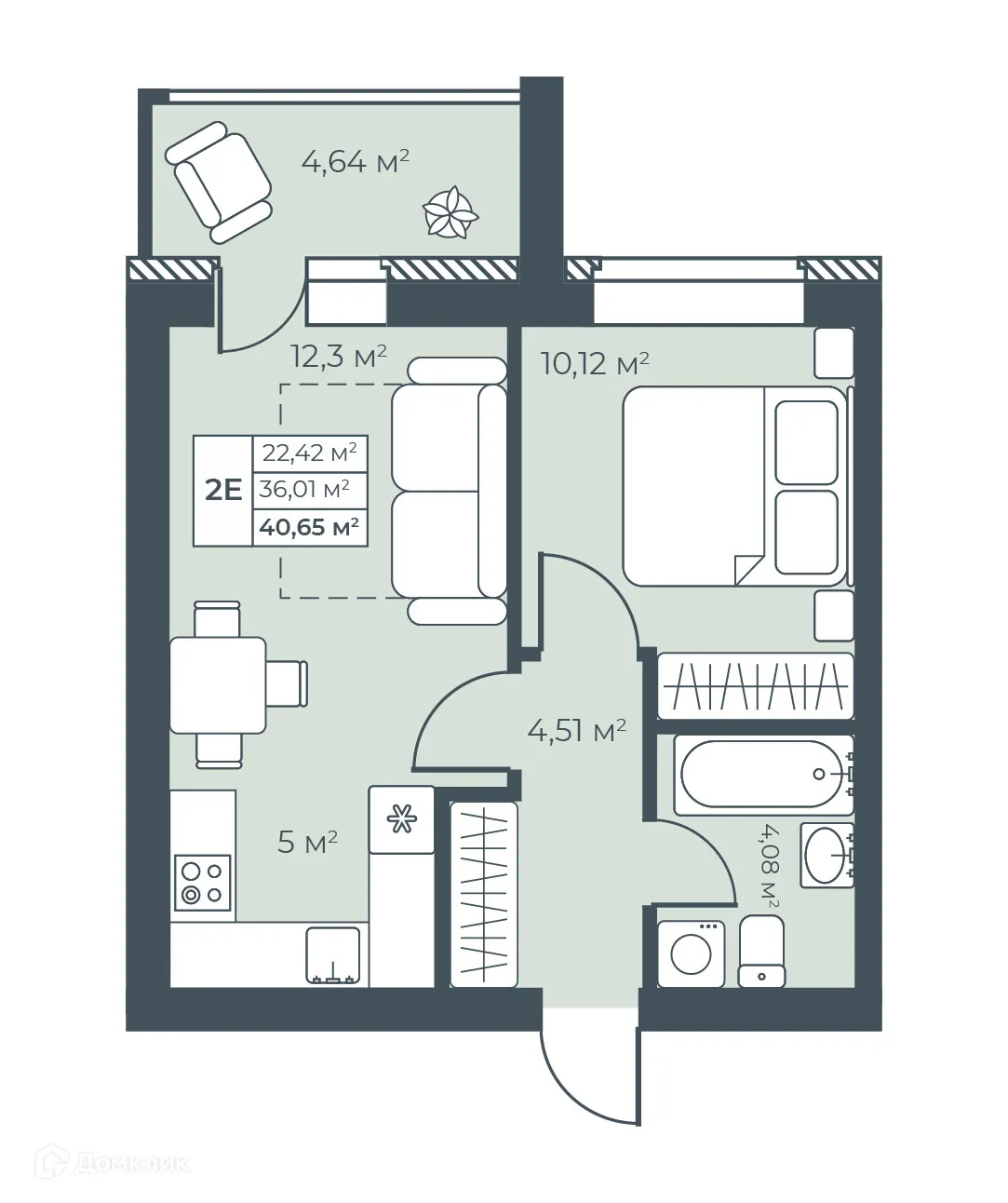 Планировка 2-комнатной квартиры 40.65 м² в ЖК Ботаника Парк, г. Выкса — фото 1