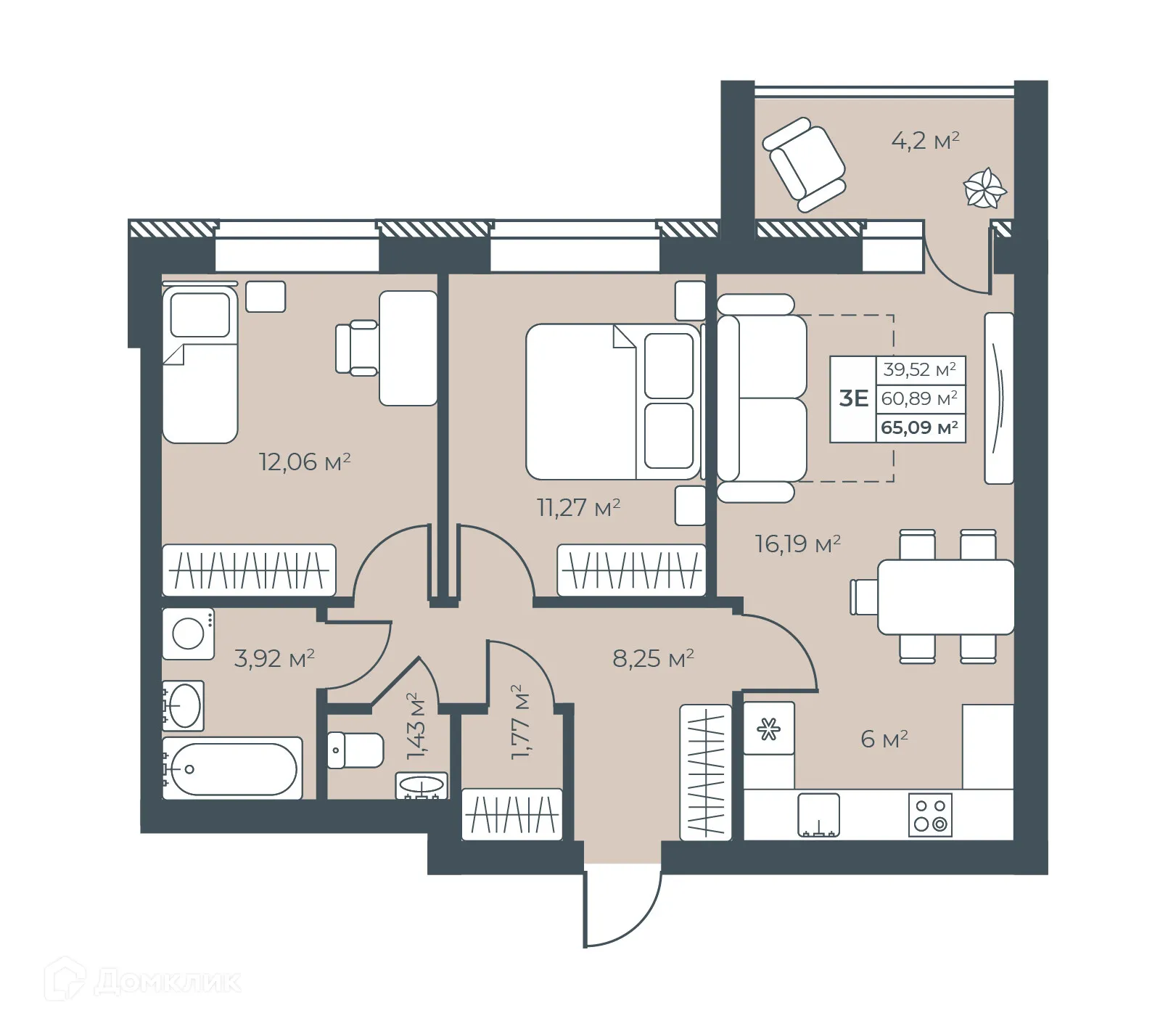 Планировка 3-комнатной квартиры 65.09 м² в ЖК Ботаника Парк, г. Выкса — фото 1