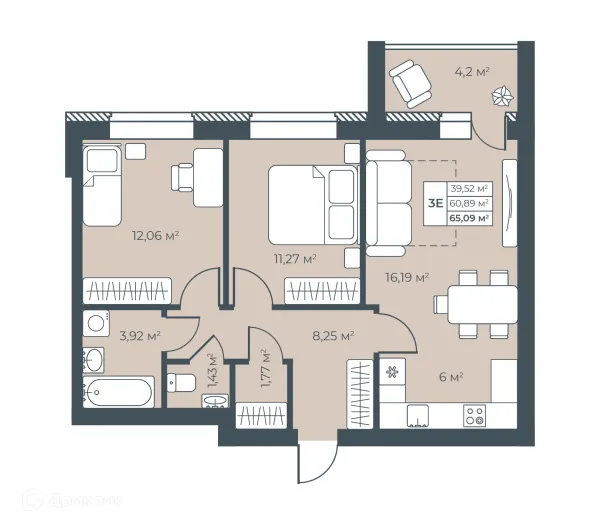 Планировка 3 комн. в ЖК Ботаника Парк