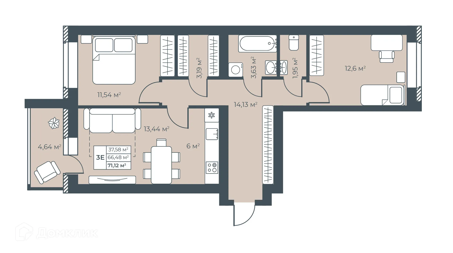 Планировка 3-комнатной квартиры 71.12 м² в ЖК Ботаника Парк, г. Выкса — фото 1