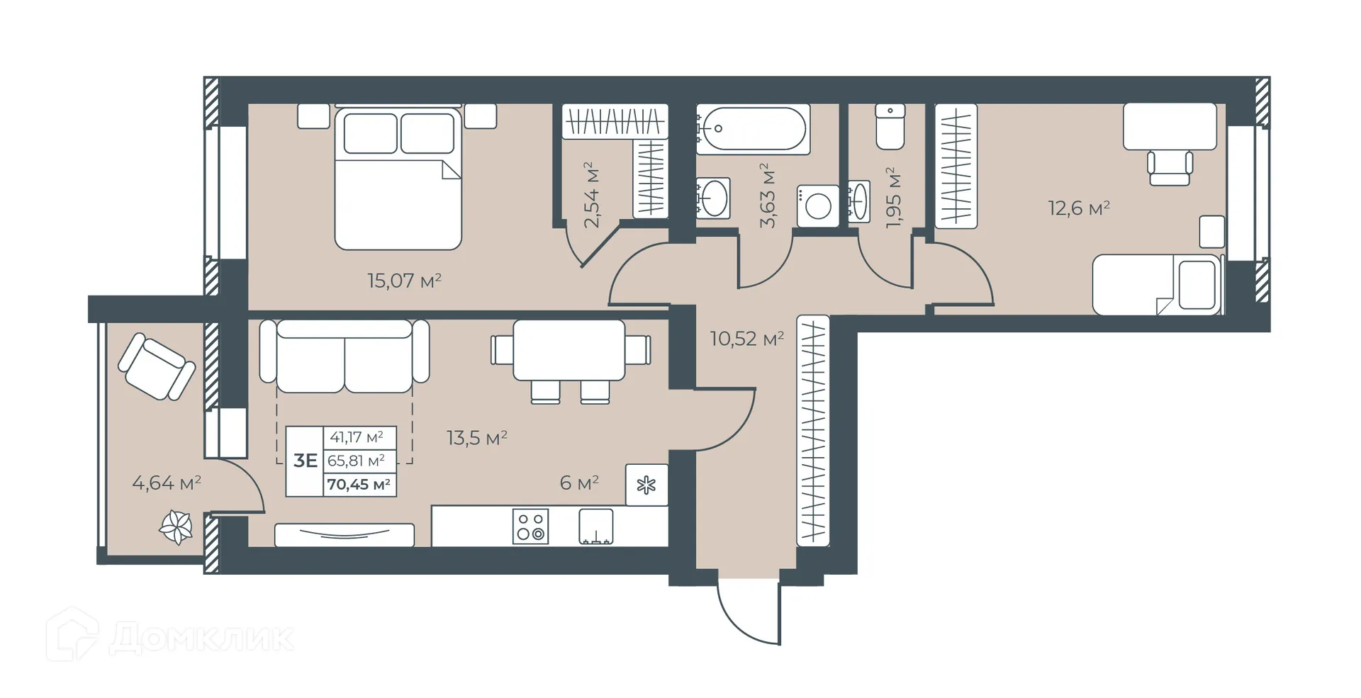 Планировка 3-комнатной квартиры 70.45 м² в ЖК Ботаника Парк, г. Выкса — фото 1