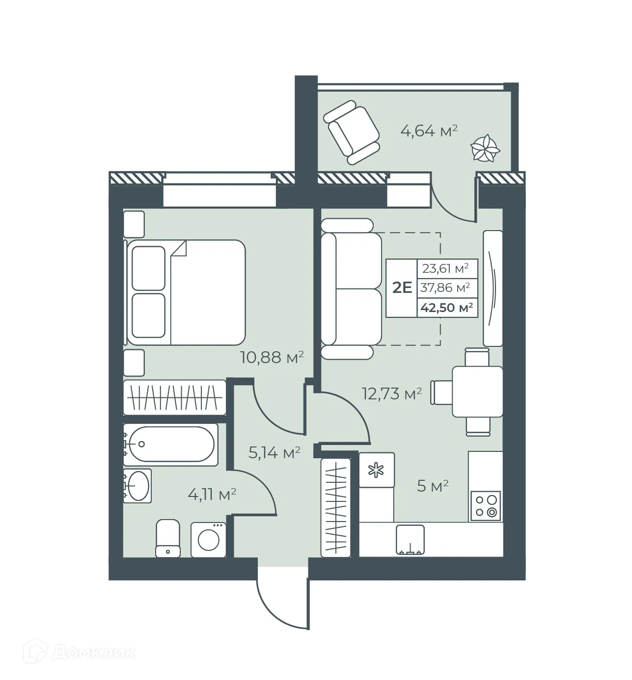 Планировка 2-комнатной квартиры 42.5 м² в ЖК Ботаника Парк, г. Выкса — фото 1